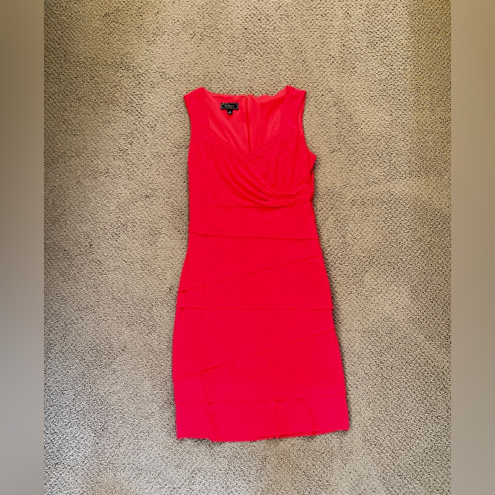 Form fitting coral dress.